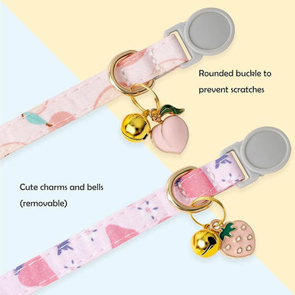 Faygarsle 2 Pack Breakaway Cat Collar with Bells for Female Girl Cats Cute Pink Collar with Peach Strawberry Charm Summer for Cats