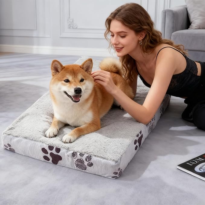 Waterproof Orthopedic Dog Bed for Extra Large Dogs 41x27x4 Inch - Egg Crate Foam Pet Crate Bed with Removable Washable Cover, Plush Top Anti-Slip Bed Mat, Light Grey