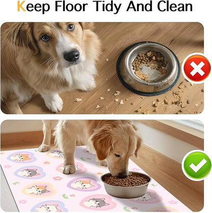Cat Feedings Mats 20x12 inch Pink Heart Kitten Print Pet Bowl Placemat Non Slip Mat for Cats Food and Water Indoor Kitty Feeding Station Cute Cats Meal Mat for Small Pets Kitchen Floor Use