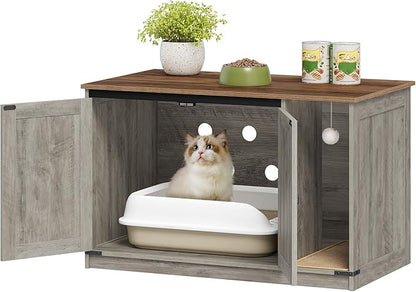 Cat Litter Box Enclosure, Hidden Litter Box Cabinet Furniture with Bell, Indoor Cats House, Farmhouse Style, 39.4 x 21.7X 24.8 Inches, for Hallway, Bedroom, Greige CB85205X