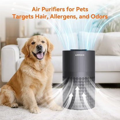 AIRROMI Air Purifier for Bedroom with HEPA 3-in-1 Filter, Pet Air Purifier for Home Cat Pee Smell, Covers Upto 990 Ft², Quiet 360°intake Air Cleaner for pet hair,allergies,Dust,Smoke A2001 Black