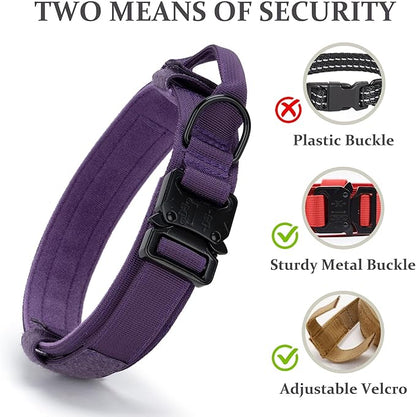 Tactical Dog Collar, Adjustable Military Training Nylon Dog Collar with Control Handle and Heavy Quick-Release Metal Buckle for Small Medium Large Dogs, Purple XXL