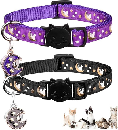 2Pcs Breakaway Cats Collars Cat Collars for Boy & Girl Cats Moons Adjustable Kitten Collars with Bell & Pendant Glow in The Dark,Purple+Black