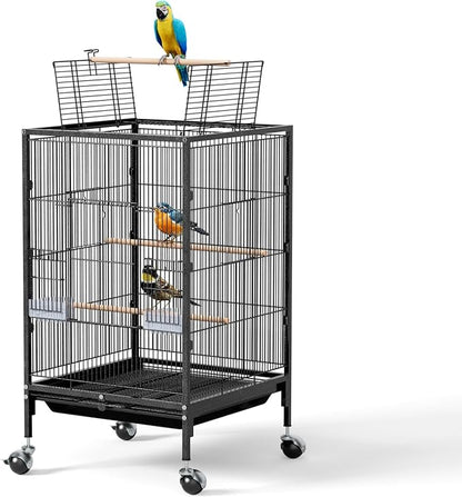 VINGLI Bird Cage with Wheels, Durable Wrought Iron Parakeet Cage with Slide Out Tray, Black Bird Cages for Parakeets/Lovebird/Cockatiels/Budgies and Other Small/Medium Birds (Medium-38 inch)