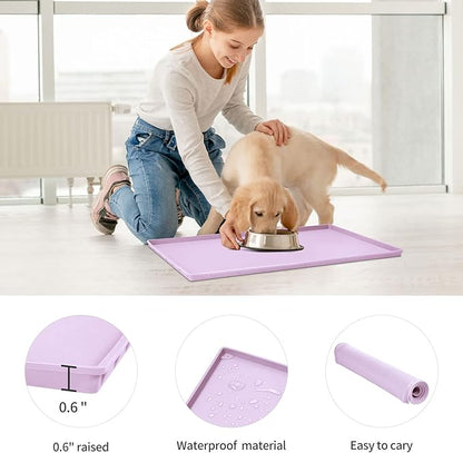 Dog Food Mat,Silicone Waterproof Food Tray,Non Slip Pet Bowl Mats Placemat,0.6" Raised Edge,Suitable for Most Small and Medium Sized Pets,24" x 16"