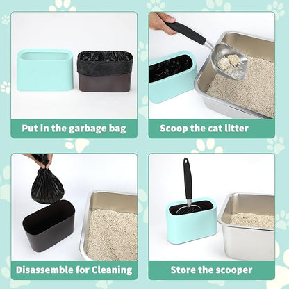 Heavy-Duty Cat Litter Scoop with Holder, Metal Cat Scooper and Detachable Trash Can,Aluminum Kitty Poop Shovel Captures All Clumps,Speed Sifter Litter Box Scooper and Caddy with Lid(Green)