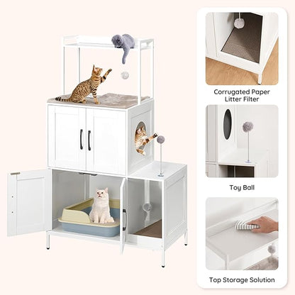 HOOBRO Litter Box Enclosure, Litter Box Furniture with Storage, 2-in-1 Hidden Cat Furniture with Shelf, 2 Dangling Plush Balls and 1 Toy Ball, Large Wooden Cat Washroom, White WT78MW01