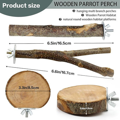 8 PCS Natural Bird Perch Set - Apple Wood Platforms & Hardwood Branches for Parakeets, Cockatiels, Lovebirds - Natural Cage Accessories, Gym Playstand & Chewing Toys for Small Birds