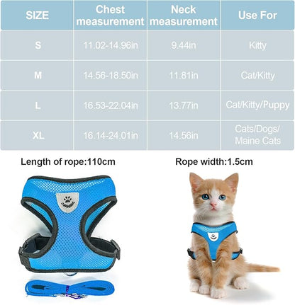 shudyear Summer cat Chest Harness and Leash, Anti-Escape Adjustable Soft mesh cat Leash and Chest Harness Set for All Types of Cats cat Vests(Size XL, Sky Blue)