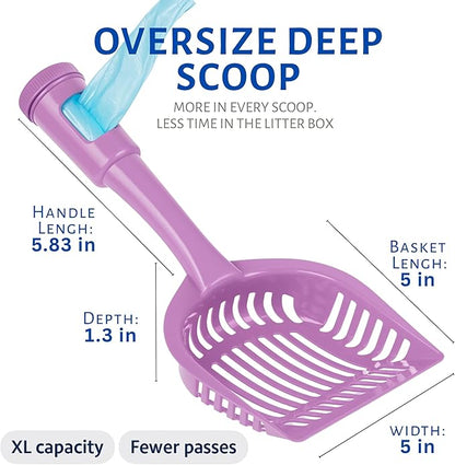 2-in-1 Pooper Scooper with Bag Attachment, Cat Litter Shovel Scoop with Bag, Built-in Dispenser, Includes Trash Roll, Rinse-Clean, Anti-Stick, Smart Sifter, Long Handle (Lilac)