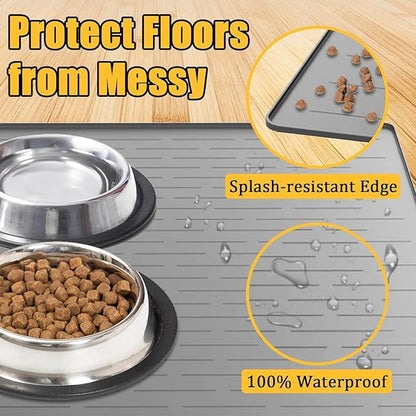 51.2"x25.6"(130cm×65cm) Largest Dog Food Mat, XXXXL Silicone Dog and Cat Mat for Food and Water Bowls, Thinken Waterproof Non-Slip XXXL Pet Feeding Mat for Floors, Dark Gray