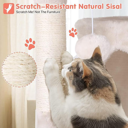 54in Cat Tree Cat Climbing Tower with Scratching Post, Cats House Perch Kitten Tree Condo Wood Playhouse, Pet Trees Tower for Indoor Cats, Beige