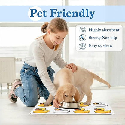 Cute Ducks Glasses Pet Feeding Mat for Floors–Christmas Stocking Absorbent Quick Dry Dog Cat Bowl Mat for Food and Water, Non Slip Waterproof Base, Mess-Free Feeding Accessories 12"x20"