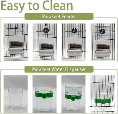 No Mess Bird Feeder Water Dispenser Set, Automatic Bird Feeder for Cage Transparent Acrylic Food Container Drinker Cage Accessories Parakeet Cockatiel Lovebird Finch (White)