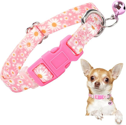 Pink Puppy Collar with Bell -Nylon Collar for Chihuahua Pomeranian Yorkie, Adjustable XXS/XS for Walks & Daily Play (Daisy XS)