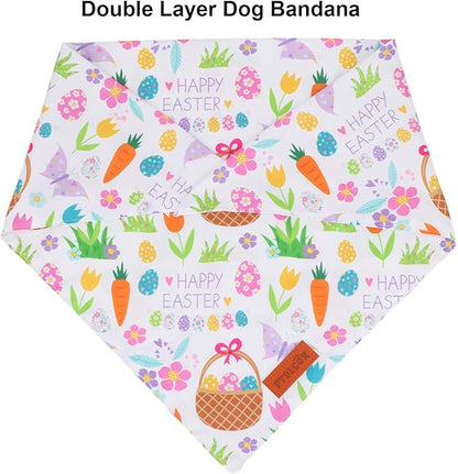 PTDECOR Easter Dog Bandana, Reversible Rabbit Easter Egg Dog Scarf, Multi Size, White Green Bandanas for Medium Large Dogs Pets (White&Green, Large)