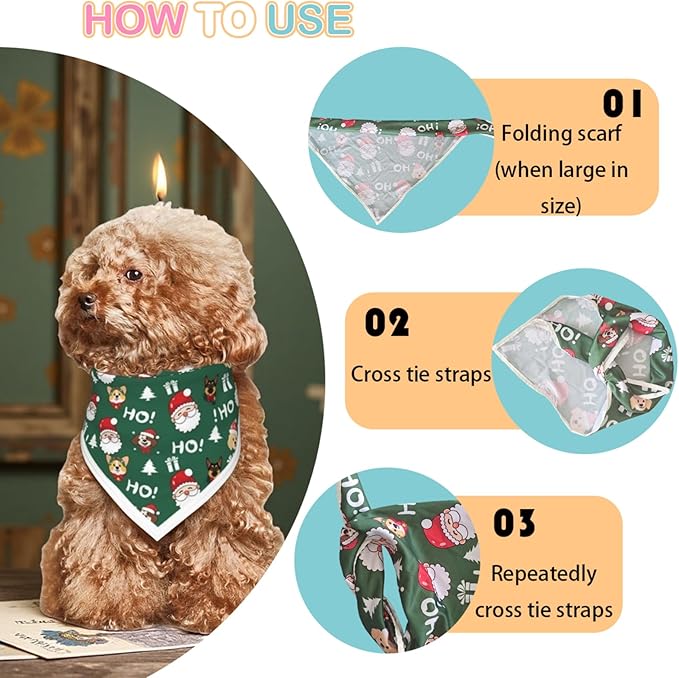 Christmas Dog Bandanas Santa Claus Dogs Scarf for Boy and Girl,Reflective Dog Bandana for Night Safety,Adjustable Cat Dogs Triangle Pet Scarves for Large Dogs,Green,L