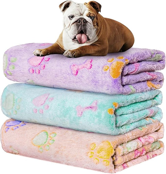 Rezutan Dog Blankets for 3 Pack Medium Blanket Cat Soft Fuzzy Blankets Washable,Soft Comfort Flannel,Pet Blanket,Reversible Dog Paw Print,30 x 20 inch,Purple/Green/Brown