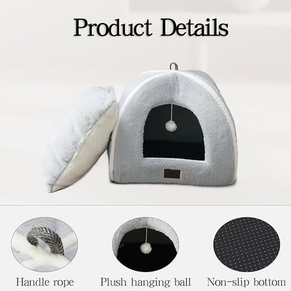 Large Cat Bed for Indoor Cats - Cat House Cats Tent with Removable Washable Cushioned Pillow, Soft and Self Kitten beds,Pet Bed, Grey,17.5inches