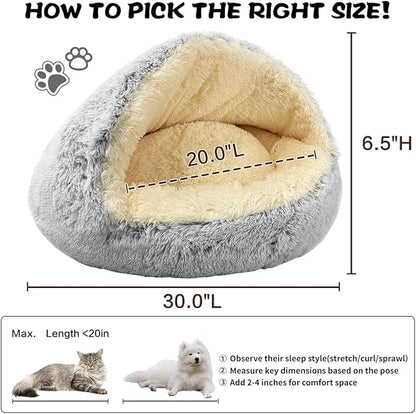 ShinHye Round Plush Fluffy Hooded Cat Bed Cave, Cozy for Indoor Cats or Small Dogs, Waterproof Bottom, Washable（30 in）