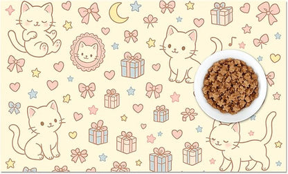 Cute Cat Pet Feeding Mat Adorable Kitten Food Placemat with Gift Bow and Star Print for Dogs and Cats Sweet Non Slip Mat for Dog Cat Food and Water Bowls Home Kitchen Decoration 20" x 12"