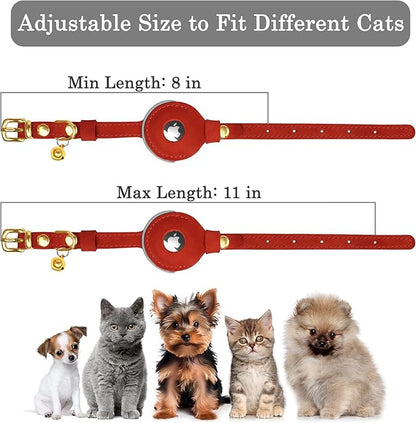 OOPSDOGGY Reflective Leather AirTag Cat Collar with Bell - Non Breakaway Adjustable Pet Collar with Apple Air Tag Holder - Lightweight GPS Kitten Collars for Small Dogs Puppy (Red)