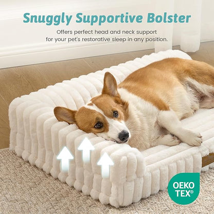 Cute Dog Bed, Faux Rabbit Fur Orthopedic Foam Dog Bed with Sides, Removable Washable Cover & Waterproof Lining, Comfortable Pet Couch for Small Dogs, Cream (30" L x 20" W x 6" Th)