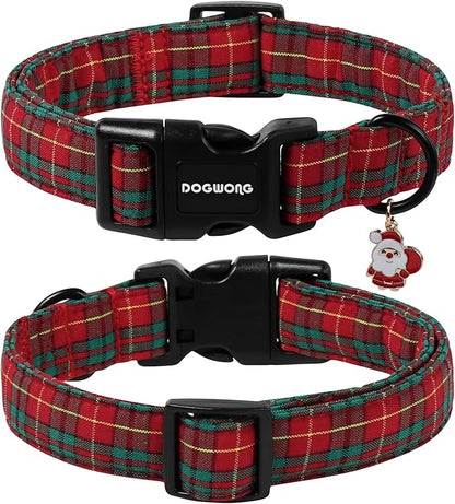 DOGWONG Christmas Plaid Dog Collar- Adjustable Red Tartan Collar, Scottish Red Grid Dog Collar with Strong Plastic Buckle for Small Medium Large Dogs,M