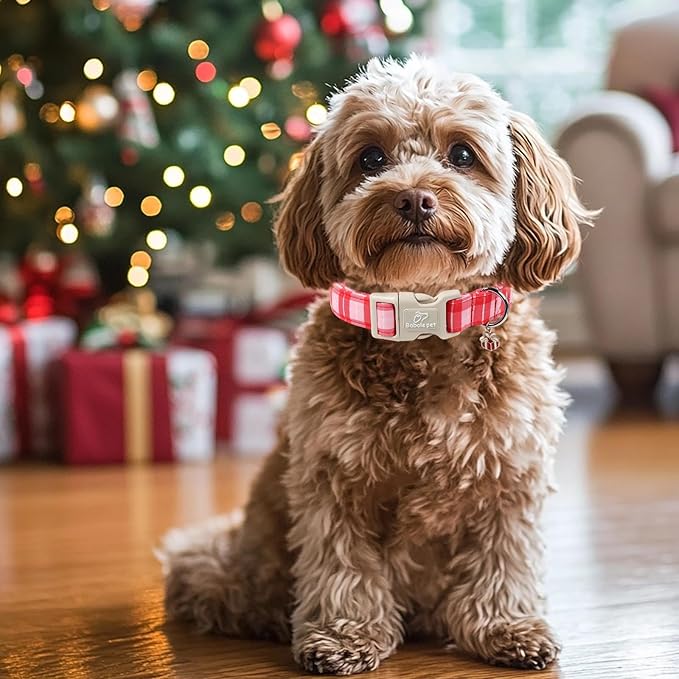 Plaid Dog Collar - Cute Red and Pink Plaid Puppy Collar with Safety Buckle, Soft Adjustable Holiday Dog Collars for Small Medium Large Dogs S