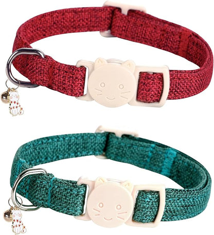 Christmas Cat Collar-2 Pack Cat Collar Red and Green Linnet with Kitten and Bell Pendant Safety Buckle Adjustable Pet Collar Suitable for Cats Gift to Cats and Small Pets