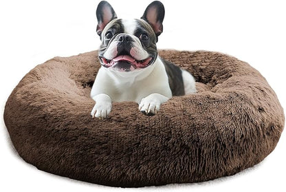 JOLLYVOGUE Calming Dog Bed Large Size Dog, Anti-Anxiety Donut Large Pet Bed, 36 inches Fluffy Faux Fur Round Cat Bed, Fits up to 75 lbs Pets (Coffee)
