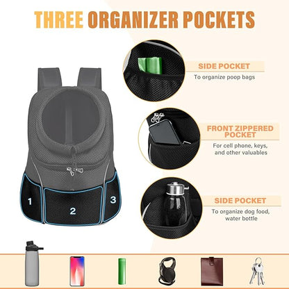 YUDODO Dog Front Carrier Backpack, Adjustable Breathable Pet Carrier for Small Dogs, Ventilated Puppy Back Pack with Safety Belt, Lightweight Doggy Backpack for Hiking Outdoor(Jet Black, L)