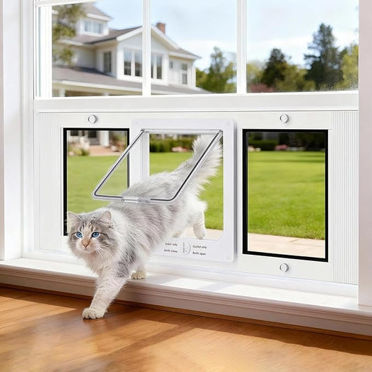 Aluminum Frame Window Cat Door with Magnetic Auto Closure, Horizontal Adjustable Width Quick-Fit Pet Door for Window Insert, Suitable for Most Medium Cats & Small Dogs