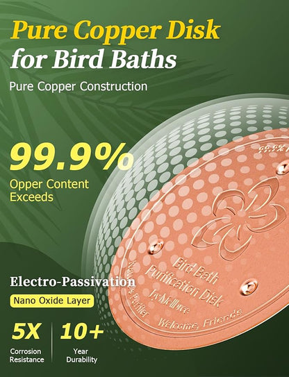 Mellbree 2-Pack Bird Bath Copper Disk, 0.6mm Reinforced 99.99% Pure Copper Cleaning Disk with Triple-Point Support for Physical Safe Clean Water, Universal Fit for Outdoor Birdbaths, Bowl (Flower)