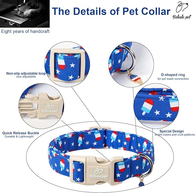 4th of July Dog Collar, Summer Popsicle Patriotic Dog Collars for Puppy Small Dogs, Adjustable Lightweight Quick-Release Buckle Collar for Boy&Girl Dogs XS