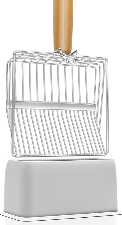 UFECODO Fast Sifting Cat Litter Scoop with Holder Stand, 2 Widths of Slots Stainless Steel Poop Scooper with Ergonomic Wood Handle, Heavy Duty and Easy Clean