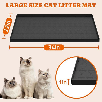 Extra Large Silicone Cat Litter Mats, 34" x 22" Waterproof Litter Box Mat, Non-Slip Kitty Litter Mat for Scatter Control, Easy to Clean & Urine-Proof Cat Litter Trapping Mat, Black
