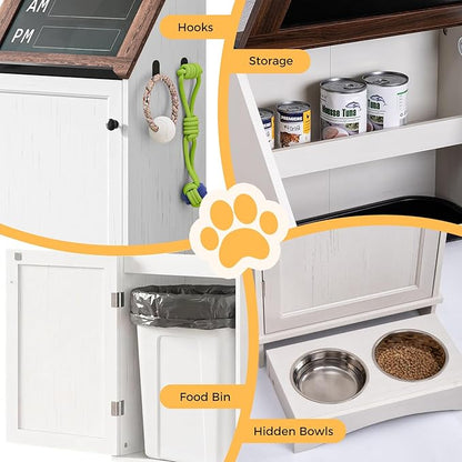 Dog Food Feeding Station with Storage, Pet Food Storage Cabinet with Bowls and Flip-Top Blackboard, Hidden Trash Can, Pet Organizer Cabinet for Dog and Cat, White