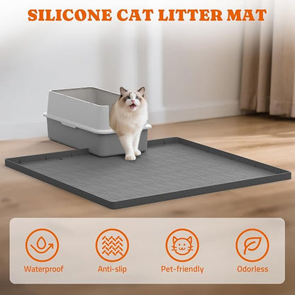 Pawtners Cat Litter Mat, Large 34" x 22" Litter Box Mat, Easy to Clean Cat Litter Box Mat, Non-Slip Kitty Litter Mat for Floor, Waterproof & Urine-Proof Cat Litter Mat Litter Trapping Mat, Gray