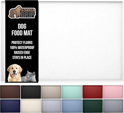 GORILLA GRIP 100% Waterproof Raised Edge BPA Free Silicone Pet Feeding Mat, Dog Cat Food Mats Contain Spills Protects Floors, Placemats for Cats and Dogs Water Bowl, Pets Accessories 18.5x11.5 White
