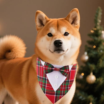 ADOGGYGO Christmas Dog Tuxedo Bandana, Red Green Plaid Pet Xmas Collar with Bow, Adjustable Christmas Costume for Extra Small Dogs (XS)