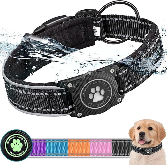 Airtag Dog Collar with Waterproof Air Tag Holder, Luminous Reflective, Soft Padded, Adjustable Nylon Pet Collar for Small Medium Large Heavy Duty Dogs,Black, XL