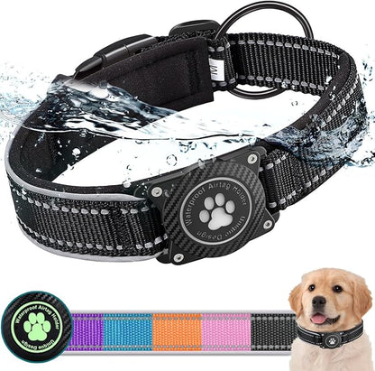Airtag Dog Collar with Waterproof Air Tag Holder, Luminous Reflective, Soft Padded, Adjustable Nylon Pet Collar for Small Medium Large Heavy Duty Dogs,Black, L