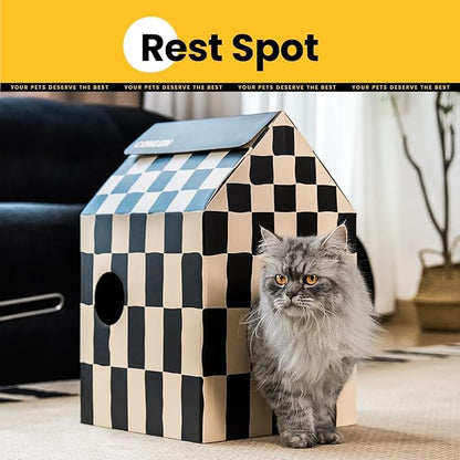 Cardboard Cat House with Scratch Pad & Catnip, Cat Play Scratching House for Indoor Hideaway Furniture, Heavy Duty Sturdy Cardboard Scratcher, Easy to Assemble Birthday Gift, Medium, 2 Pack
