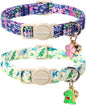 Lionet Paws 2pcs Pack Cotton Cat Collars,Breakaway Buckle with Floral and Dinosaur Pattern， Cute Adjustable Cat Flower Collar