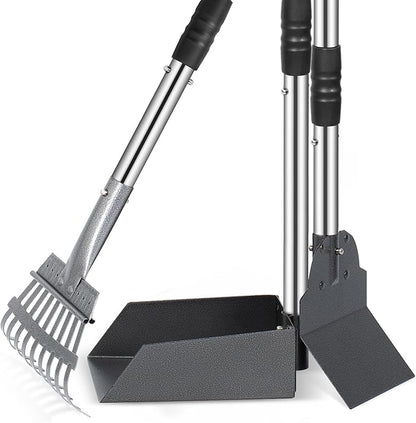 Heeyoo Dog Pooper Scooper, Dog Poop Tray and Rake Set, Pet Waste Removal Scoop with Long Adjustable Sectional Stainless Handles