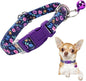 Cute Puppy Collar with Bell-Nylon Dog Collar for Small Breeds, Adjustable XXS XS Tiny Pet Little Dogs Girl Kitten Female Small Animal, for Puppies Purple Flowers X-Small
