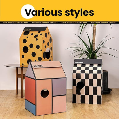 Cardboard Cat House with Scratch Pad & Catnip, Cat Play Scratching House for Indoor Hideaway Furniture, Heavy Duty Sturdy Cardboard Scratcher, Easy to Assemble Birthday Gift, Medium