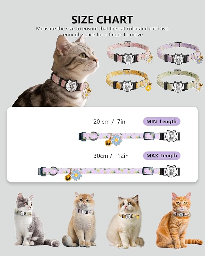 Cute Floral Breakaway Cat Collar with QR Code ID Tag, Soft Cotton Adjustable Kitten Collar with Bell, Personalized Scan ID for Cats, Daisy Pattern,Flower Pendant (Pink)