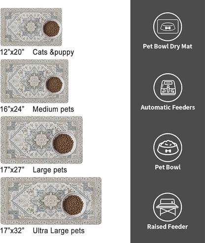 Dog Food Mats for Floors, Absorbent and Quick-Drying Pet Cat Food Mat,Anti-Fouling and Easy-to-Clean Pet Feeding Mat,Dog Bowl Mat for Messy Drinking Water Bowls.12 x20, Bohemia Style